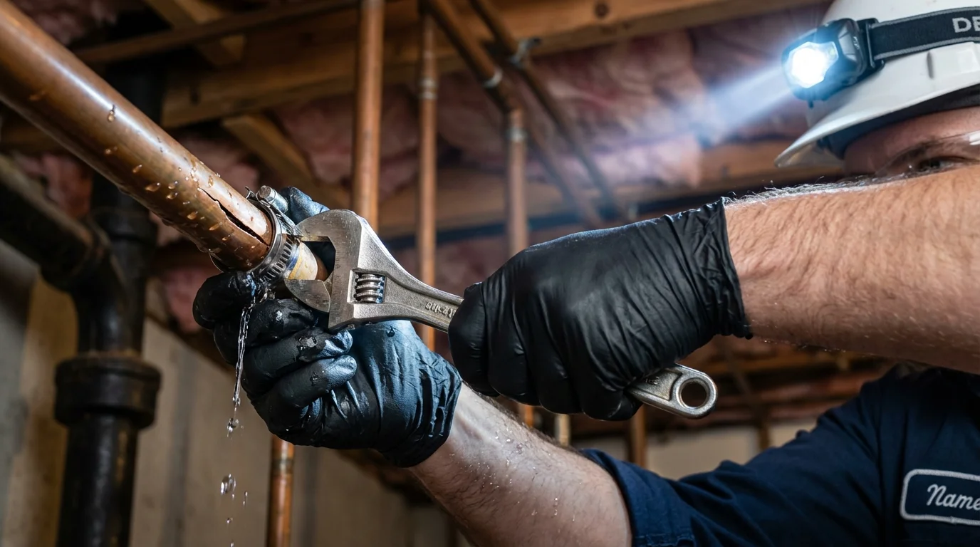 Emergency pipe clamp repair being performed by a Johns Plumbing LLC plumber in Silverton